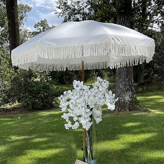 7Ft Fringe Tassel Patio Umbrella White Cream UPF50 Tilt Push Button