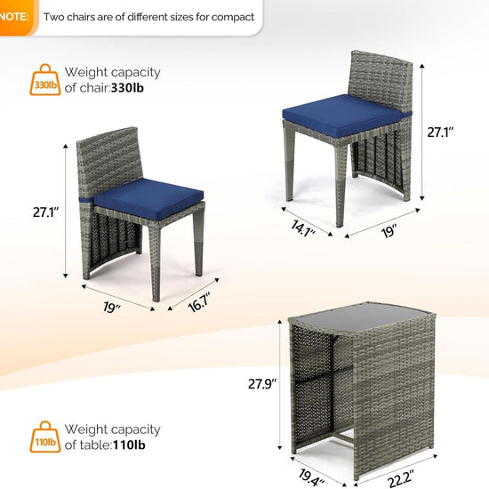Grey Wicker Outdoor Patio Bistro Set With Glass Table-2