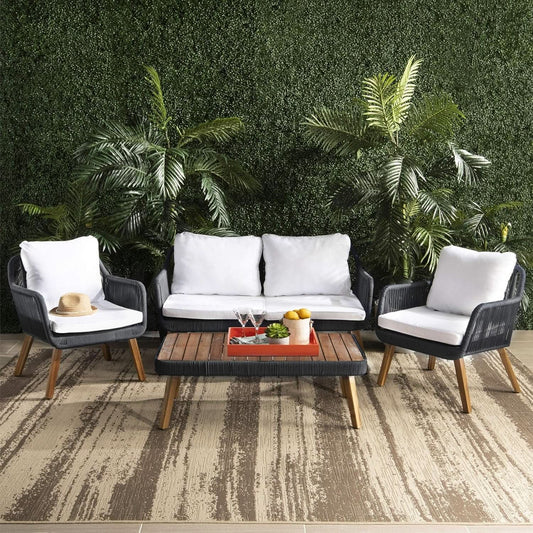 Eucalyptus and Rope 4-Piece Outdoor Patio Furniture Set