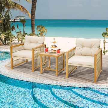 3-Piece Acacia Wood Patio Set with Beige PE Wicker Chairs and Coffee Table