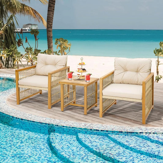 3-Piece Acacia Wood Patio Set with Beige PE Wicker Chairs and Coffee Table