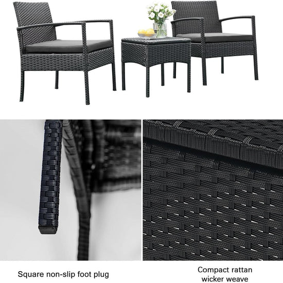 3 Piece Patio Rattan Conversation Chairs Set Outdoor Furniture Black Wicker For Garden Balcony Porch Yard-4