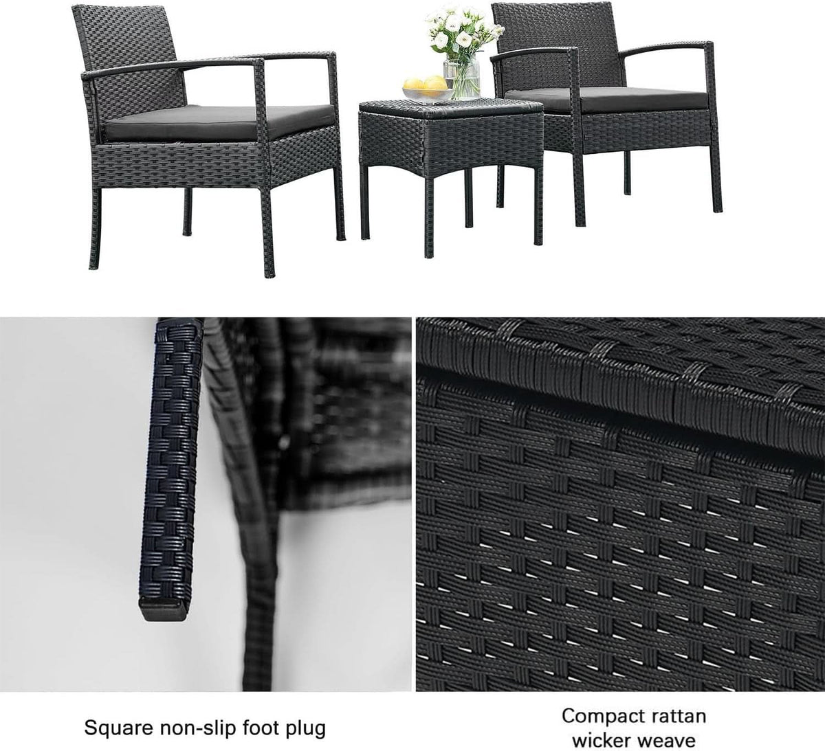 3 Piece Patio Rattan Conversation Chairs Set Outdoor Furniture Black Wicker For Garden Balcony Porch Yard-4