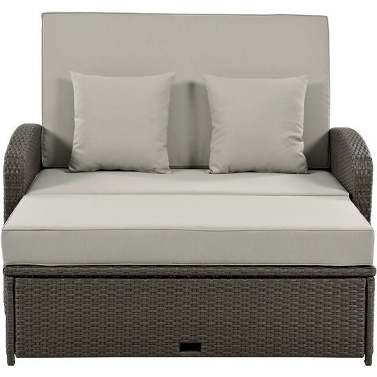 Wicker Double Chaise Lounge — two-person reclining wicker loungers with cushions and middle table