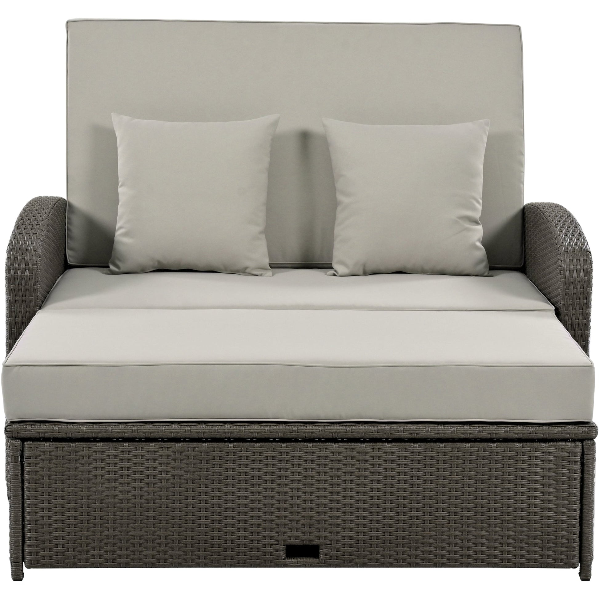 Wicker Double Chaise Lounge — two-person reclining wicker loungers with cushions and middle table