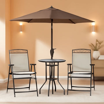 Patio Dining Set With 2 Folding Chairs Beige Umbrella