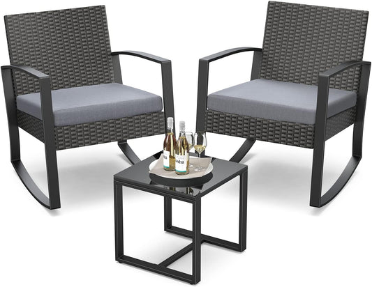 3-Piece Rattan Rocking Bistro Set with Coffee Table