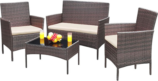 4-Piece Wicker Patio Set with Glass-Top Table & Beige Cushions