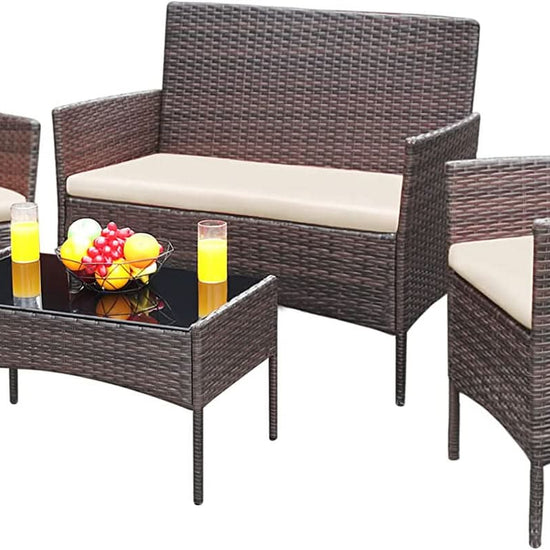 4 Piece Wicker Patio Set With Glass Table Beige Cushions-1