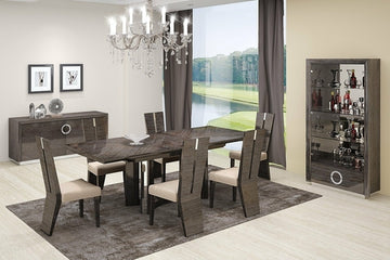 Contemporary Gray High Gloss Dining Table Set with 6 Chairs