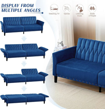 77-Inch Navy Velvet Convertible Sofa Bed with Armrests