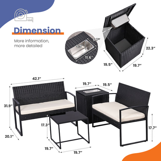4-Piece Wicker Patio Conversation Set with Cooler Storage