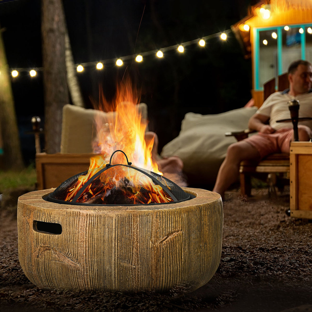 Woodgrain Fire Pit Bowl — 24 Inch, Wood-Burning with Spark Cover & Poker