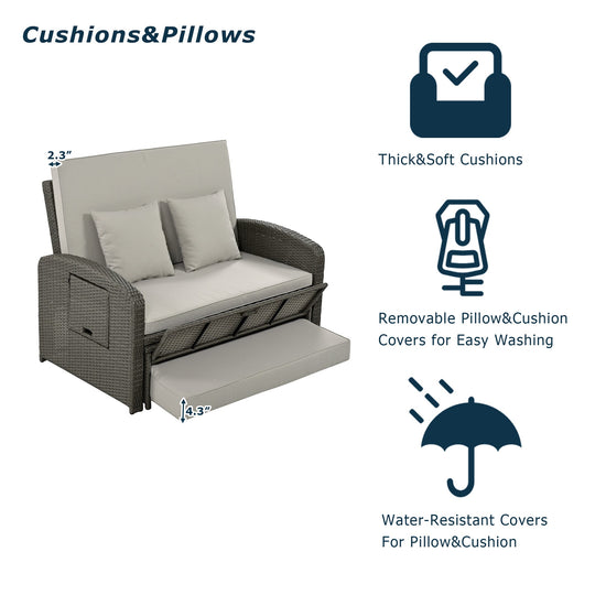Wicker Double Chaise Lounge — two-person reclining wicker loungers with cushions and middle table