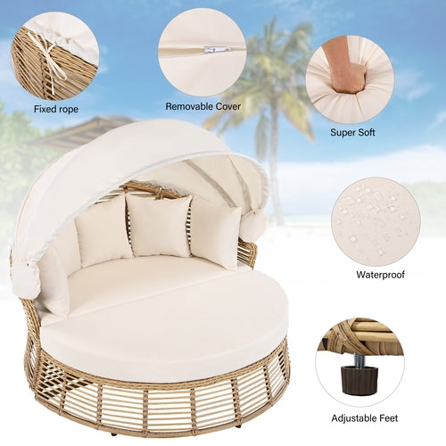 Outdoor Wicker Daybed with Adjustable Backrest, Cushions and Canopy