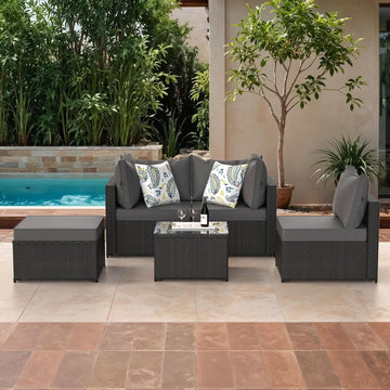 Grey 5-Piece Outdoor Patio Sectional Set with Ottoman
