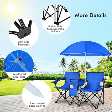 Portable Folding Double Picnic Chair with Umbrella, Blue