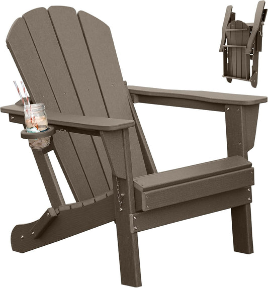 Folding HDPE Adirondack Chair with Cup Holder, Brown