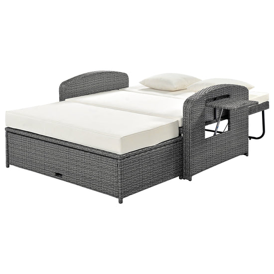 Wicker Double Chaise Lounge — two-person reclining wicker loungers with cushions and middle table