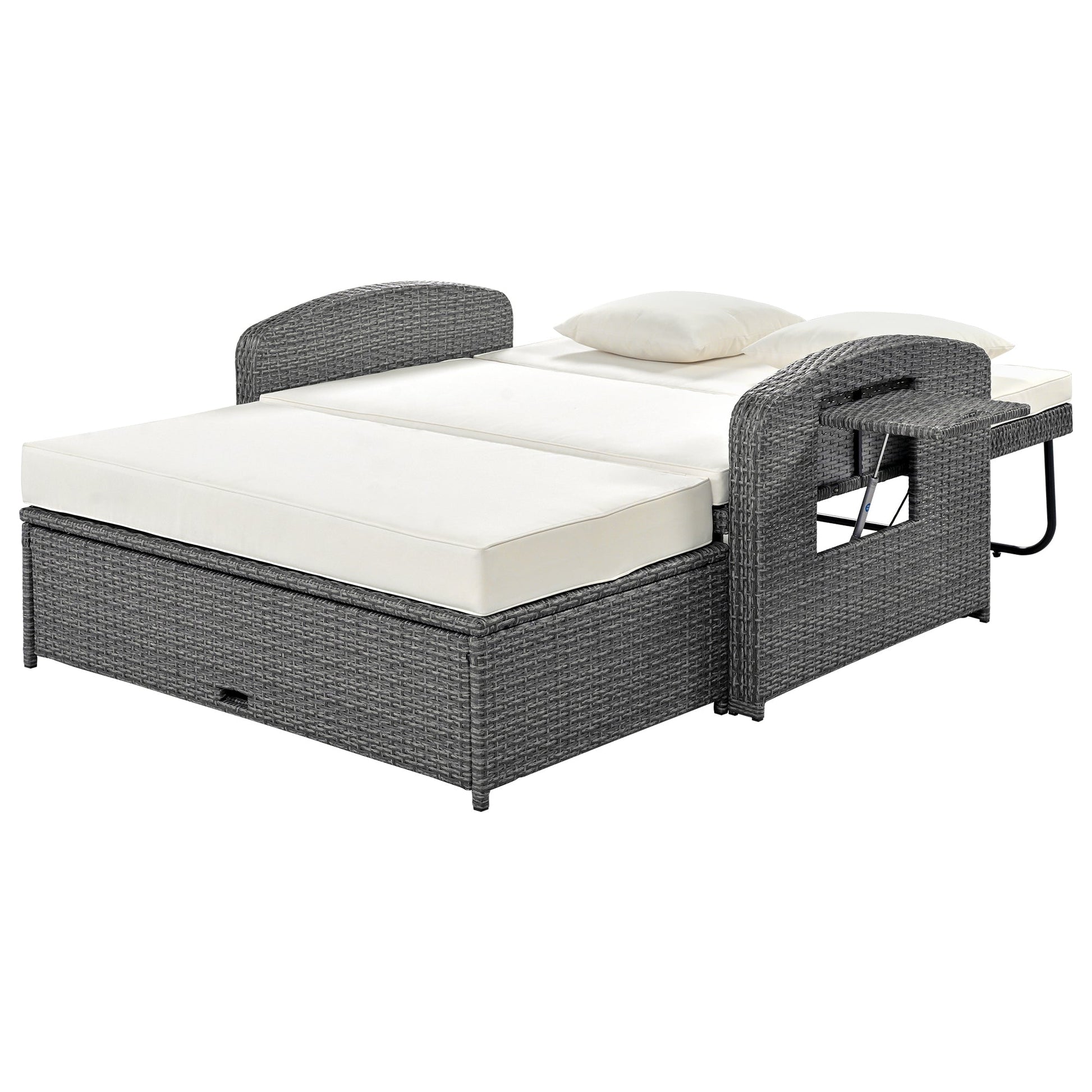 Wicker Double Chaise Lounge — two-person reclining wicker loungers with cushions and middle table