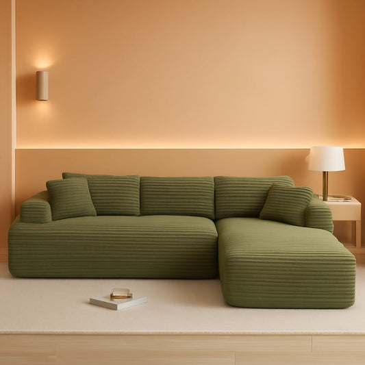 Olive green L-shaped cloud sectional sofa in a warm living room