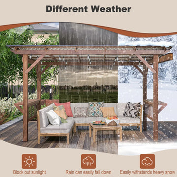 ！@13' X 6.5' Modern Wooden Pergola Grill Gazebo Metal Roof LED Bulbs Bar Counters Outdoor BBQ Pavilion Patio Outdoor Furniture