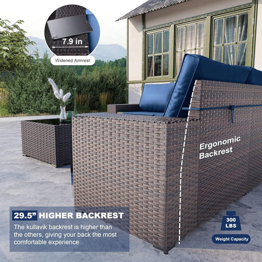Navy Blue 6-Piece Outdoor Sectional Sofa Set with PE Rattan