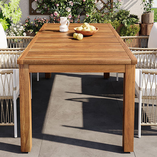 Acacia Outdoor Dining Set — 5-piece with 67-inch acacia wood table and four cushioned rattan chairs