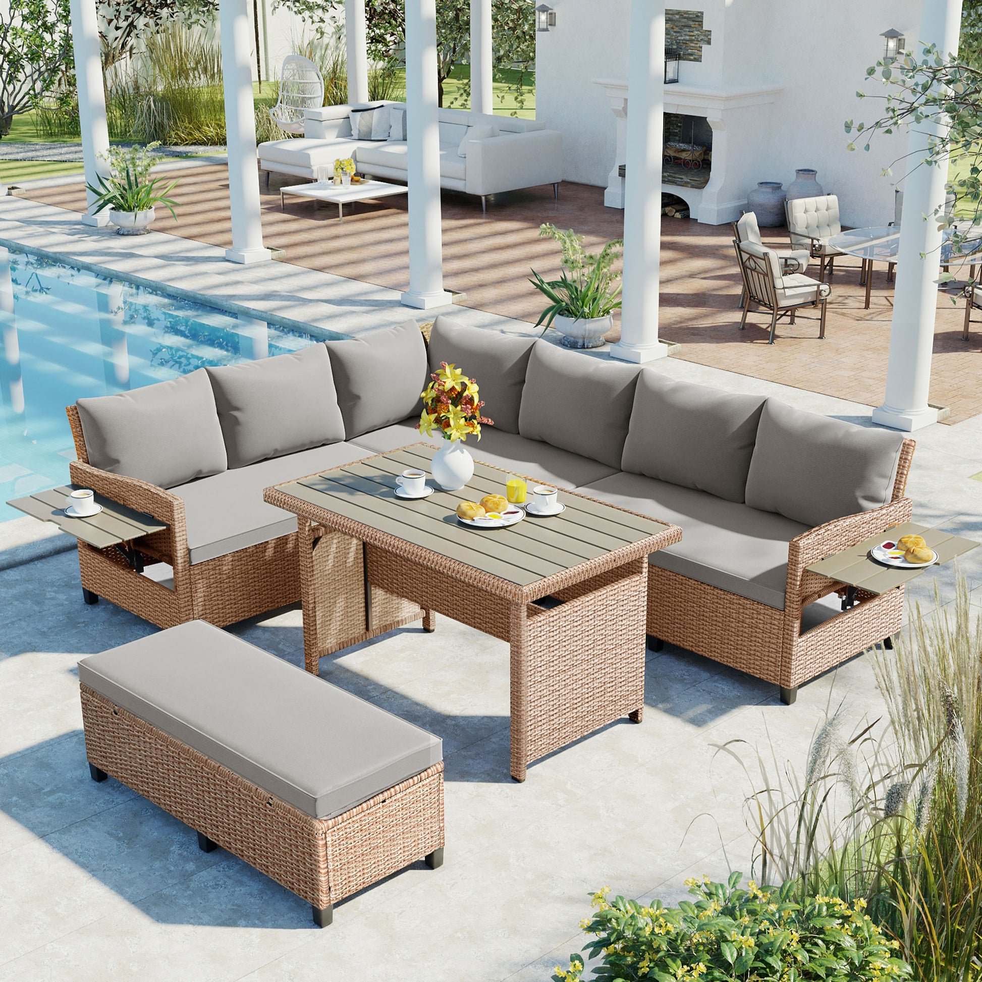 TOMAx 5- Piece Outdoor Patio Rattan Sofa Set  Sectional PE Wicker L- Shaped Garden Furniture Set With 2 Extendable Side Tables  Dining Table And Washable Covers For Backyard  Poolside  Indoor  Brown