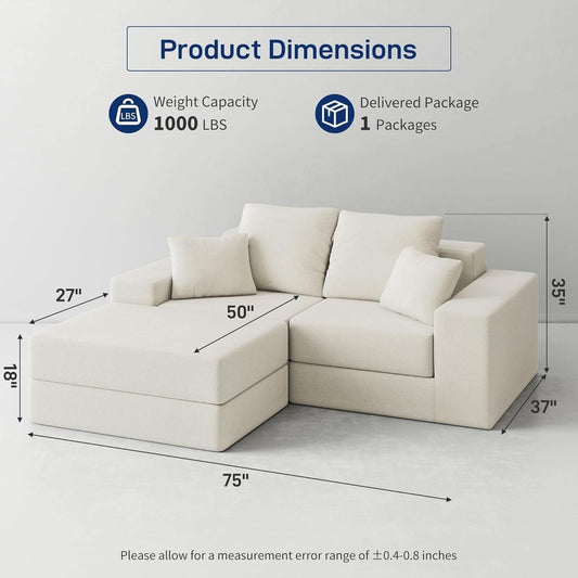 Beige velvet cloud modular sectional sofa with reversible chaise, detail view 2