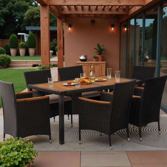 7 Piece Outdoor Patio Dining Set Black Rattan Chairs-2