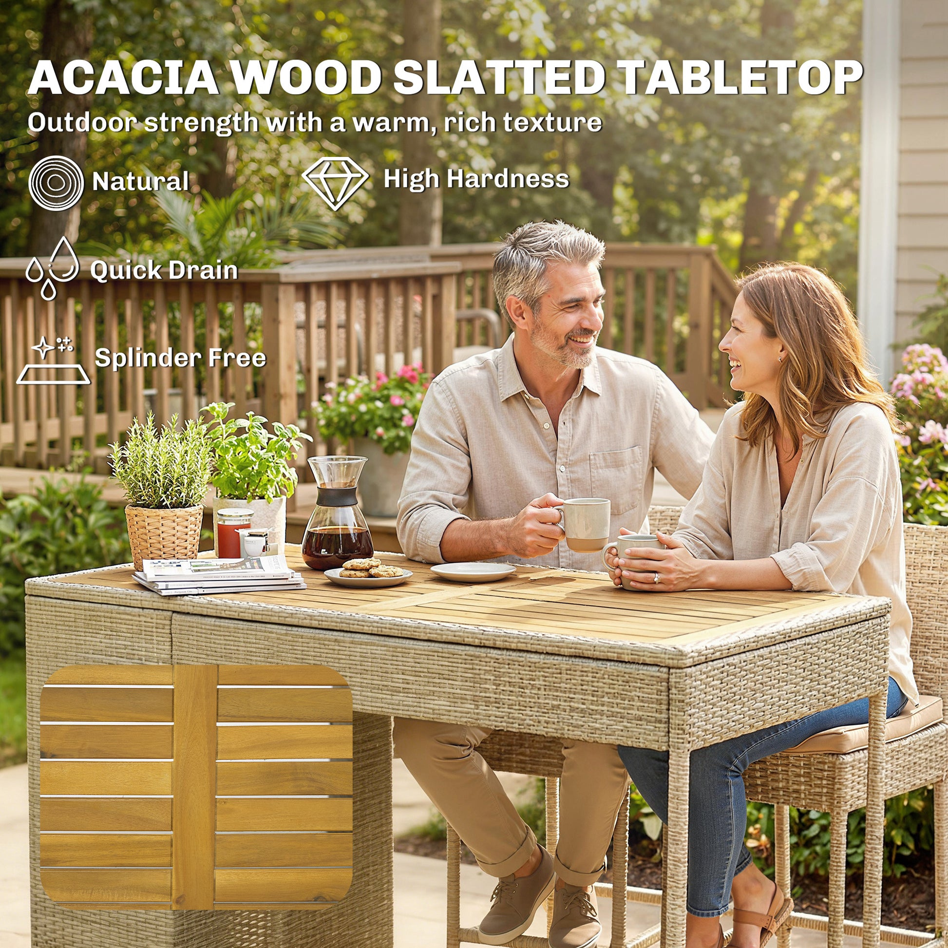 Wicker Bar Set — 5-piece with slatted acacia bar table and four cushioned wicker barstools