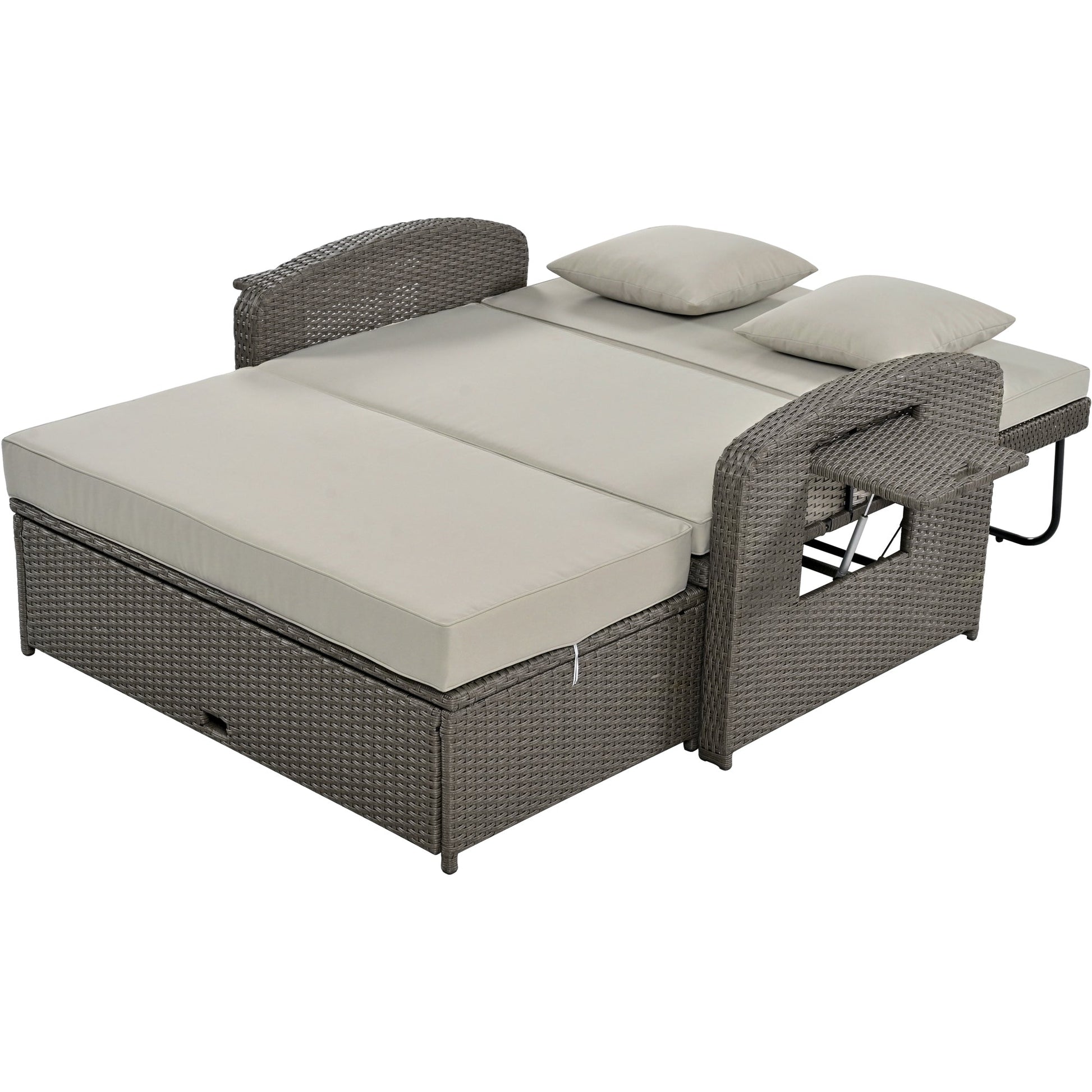 Wicker Double Chaise Lounge — two-person reclining wicker loungers with cushions and middle table