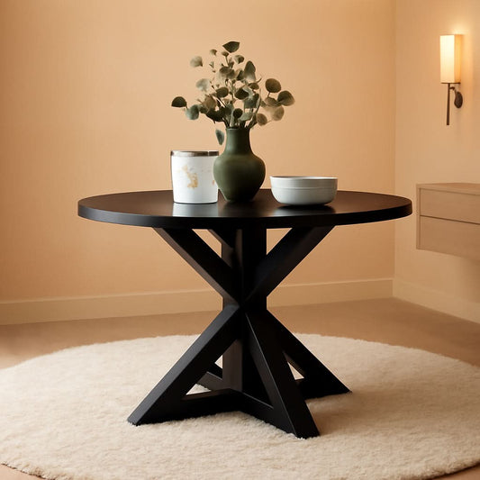 Round Black Oak Veneer Dining Table with Cross-Buck Pedestal Base