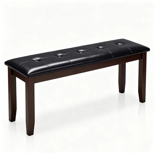 Solid Rubber Wood Dining Bench with PU Leather Padded Seat