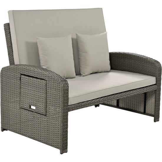 Wicker Double Chaise Lounge — two-person reclining wicker loungers with cushions and middle table