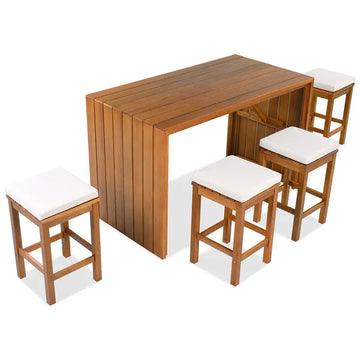 Acacia Wood Outdoor Bar Set — 5 Piece with Cushioned Stools