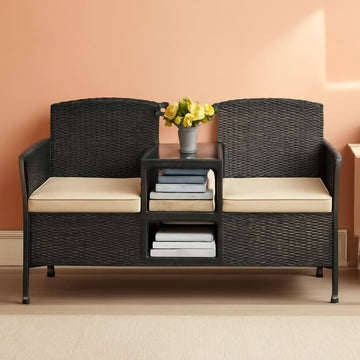 Wicker Patio Loveseat Conversation Set with Built-In Coffee Table