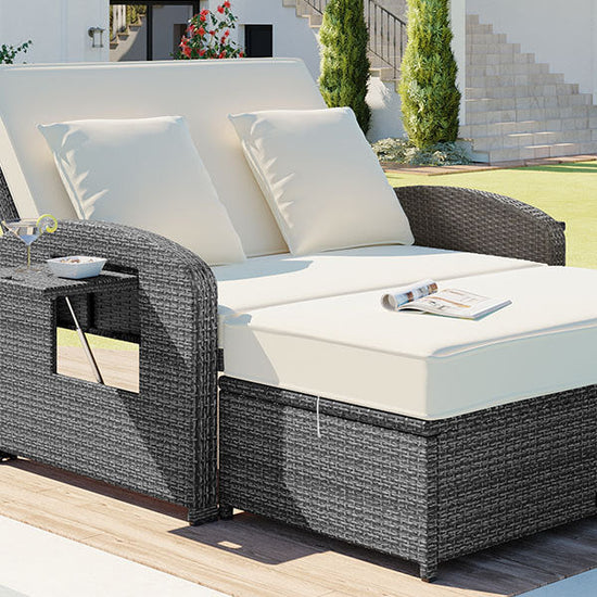 Wicker Double Chaise Lounge — two-person reclining wicker loungers with cushions and middle table