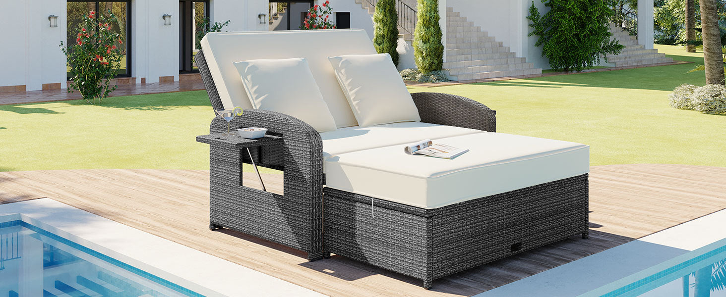 Wicker Double Chaise Lounge — two-person reclining wicker loungers with cushions and middle table