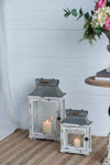 Set of 2 White Wood & Metal Hurricane Candle Lanterns