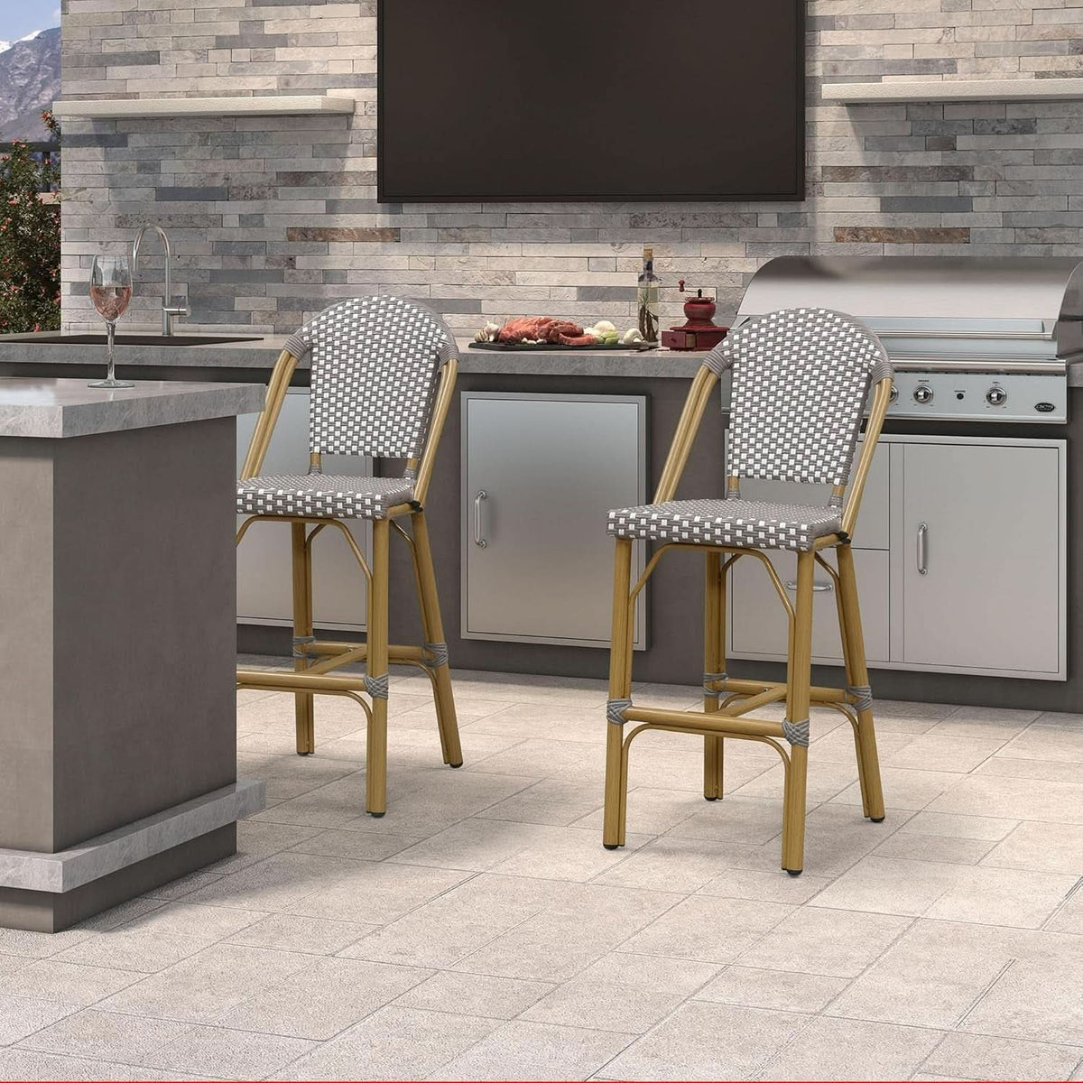 French Style Rattan Bar Stools Set for Outdoor Spaces-1