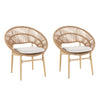 Cyril Outdoor Wicker Papasan Style Dining Chair  Teak Finished Leg And Light Brown Faux Rattan  Beige Cushion  Set Of 2