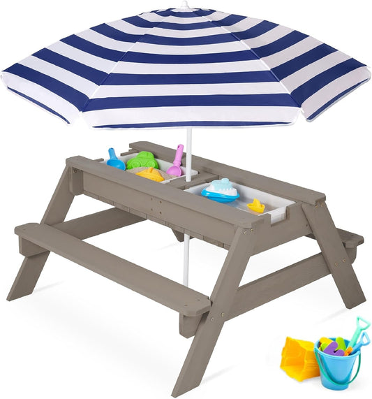 Gray Navy Kids 3-in-1 Sand and Water Table with Umbrella
