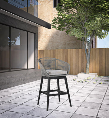43" Light Gray Solid Wood Low-Back Outdoor Bar Stool with Footrest