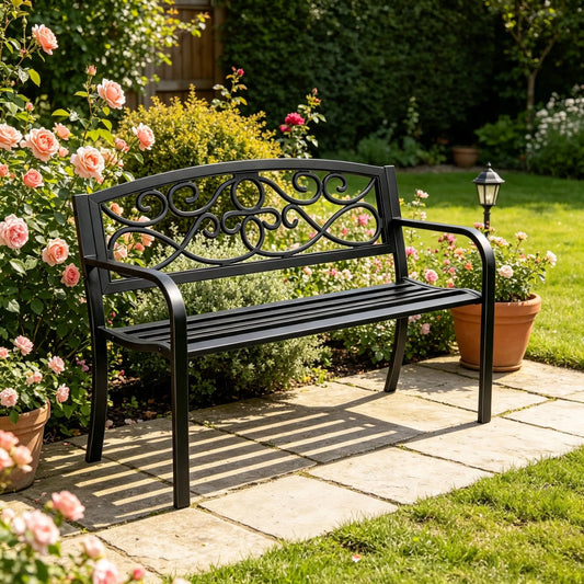 50" Metal Outdoor Bench with Backrest & Armrests
