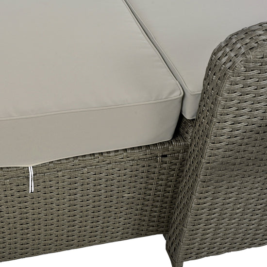 Wicker Double Chaise Lounge — two-person reclining wicker loungers with cushions and middle table