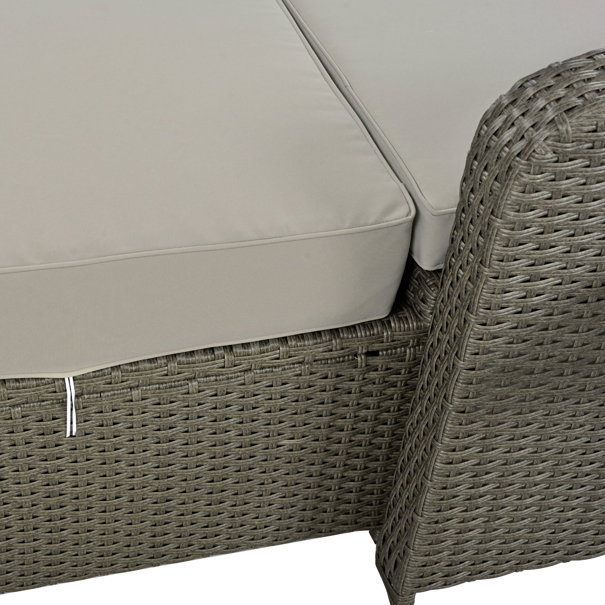 Wicker Double Chaise Lounge — two-person reclining wicker loungers with cushions and middle table
