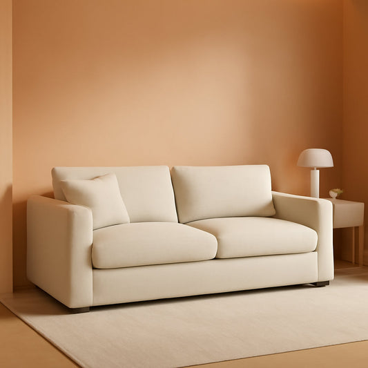 Khaki linen overstuffed cloud modular sectional sofa in a warm living room