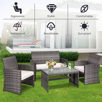4 Piece Wicker Patio Conversation Set With Soft Cushions